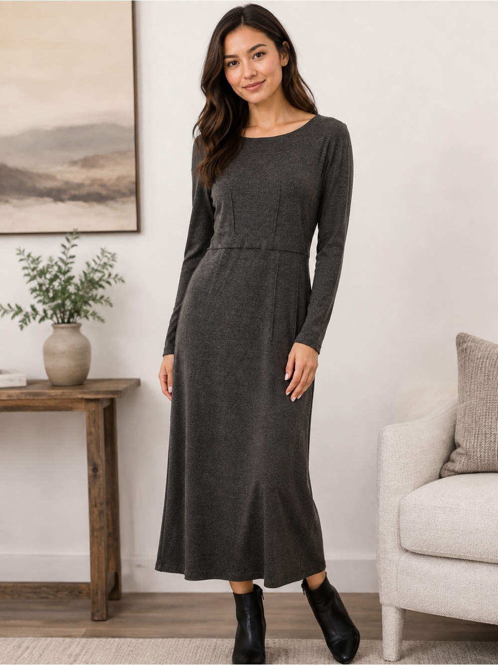 J. Jill Charcoal Gray Long-Sleeve Maxi Dress